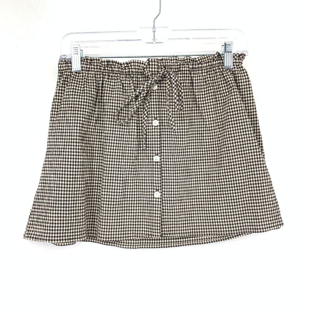 Zara Womens XS Mini Skirt Brown Cream Gingham Check Tie Waist Button Front